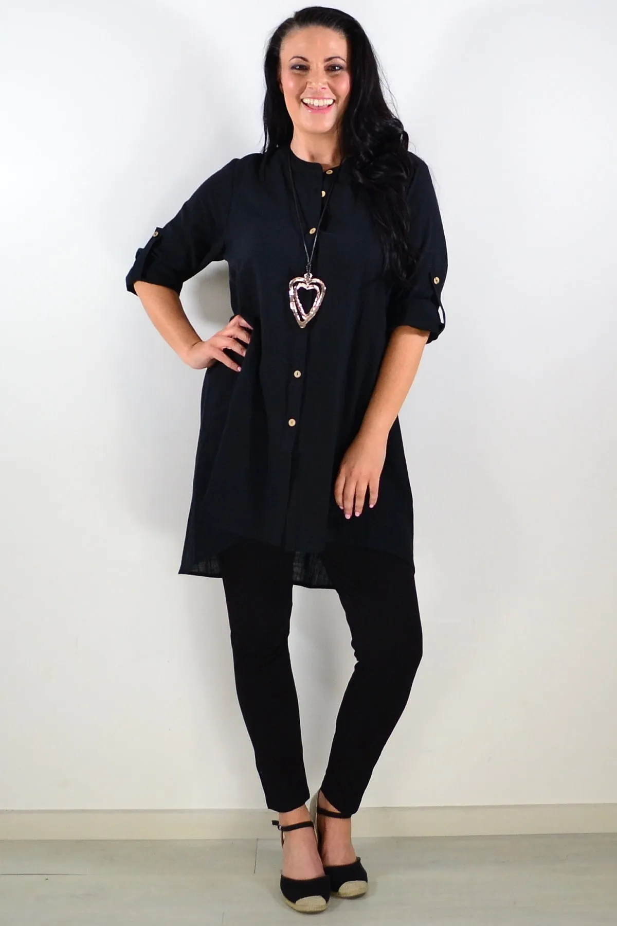 Block Black Button Up Shirt Tunic