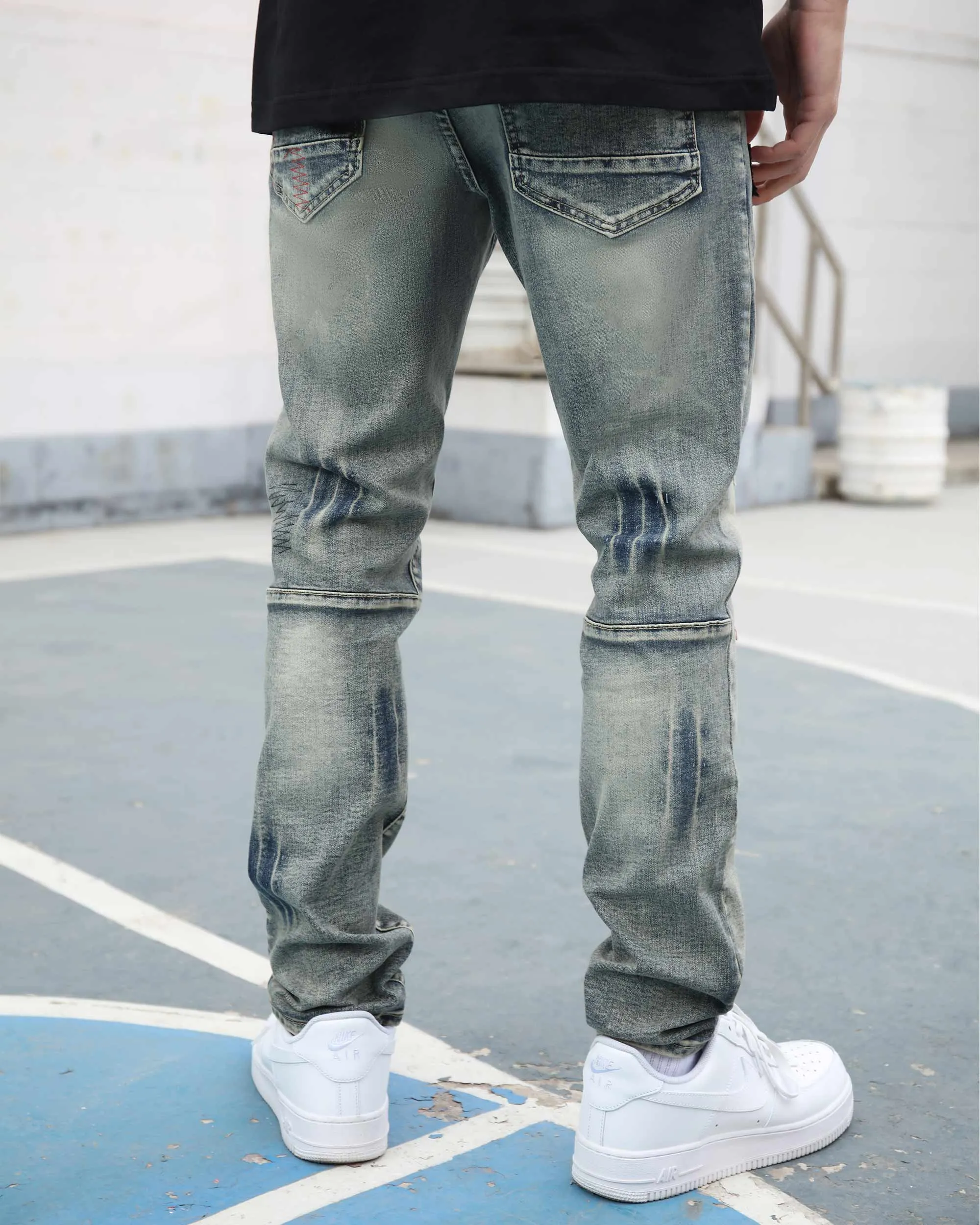 Blue Straight Leg Ripped Jeans with Graphic Print and Personalized Skull Emblem-Mexico Local Delivery