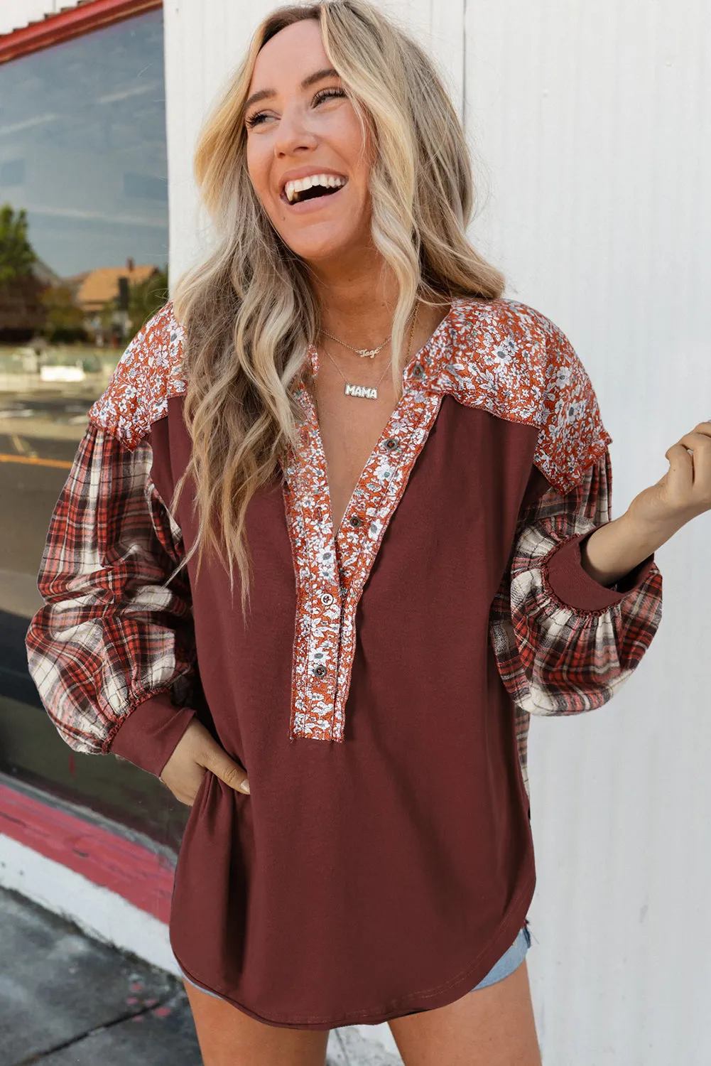 Boho Red Patchwork Floral Plaid Bishop Sleeve Top