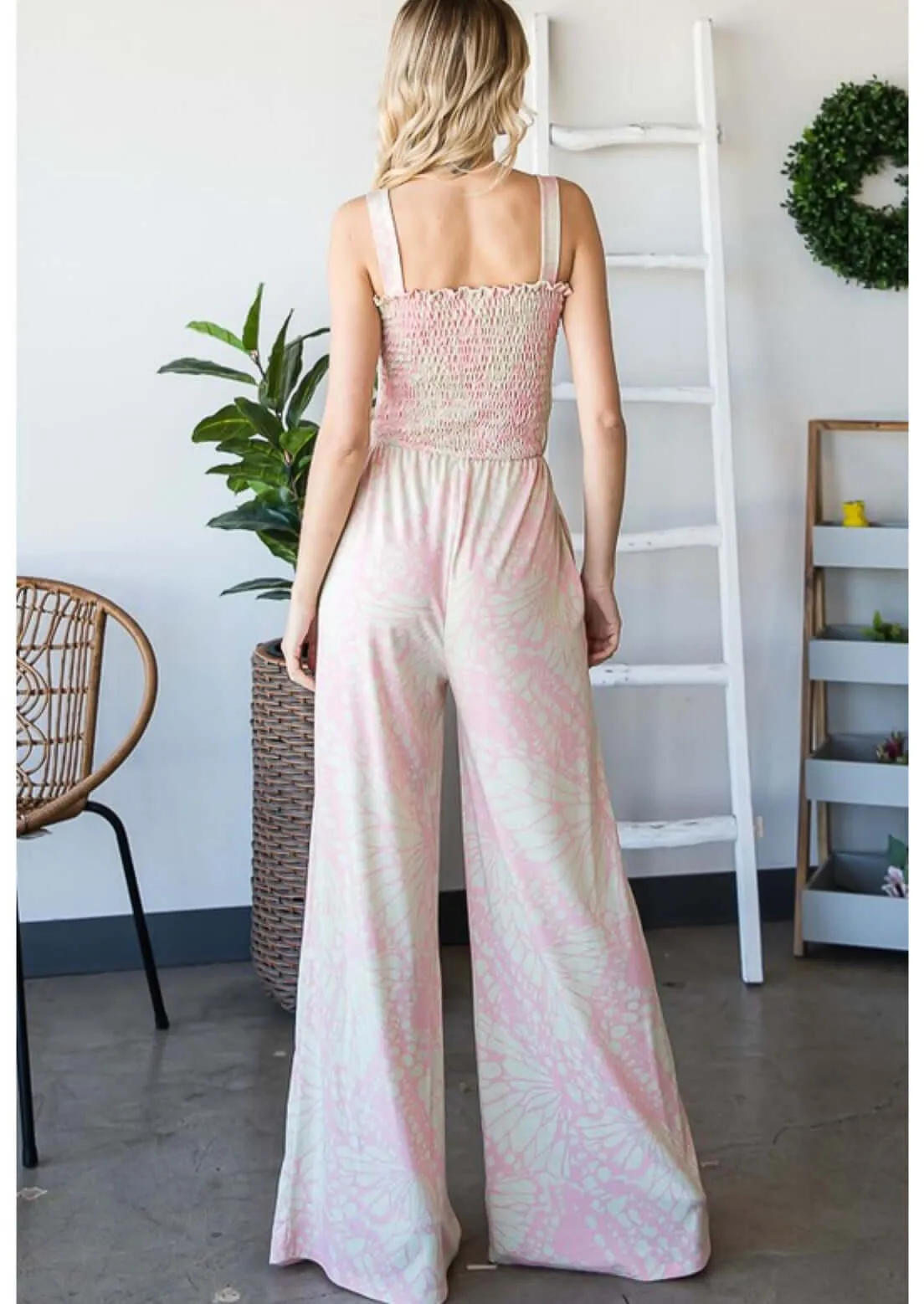 Butterfly Print Smocked Bodice Knit Jumpsuit - CLEARANCE FINAL SALE
