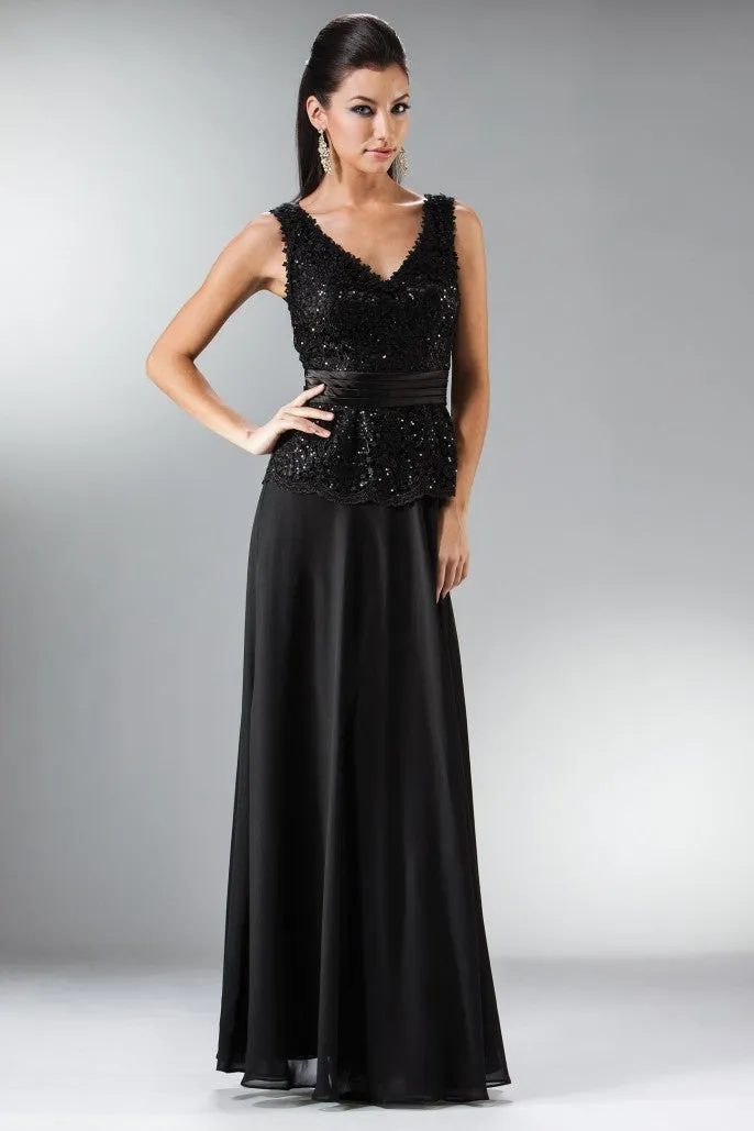 CD 1455 Size 4 Eggplant Long Chiffon Lace V Neck Mother Of Wedding Guest Dress Formal Gown