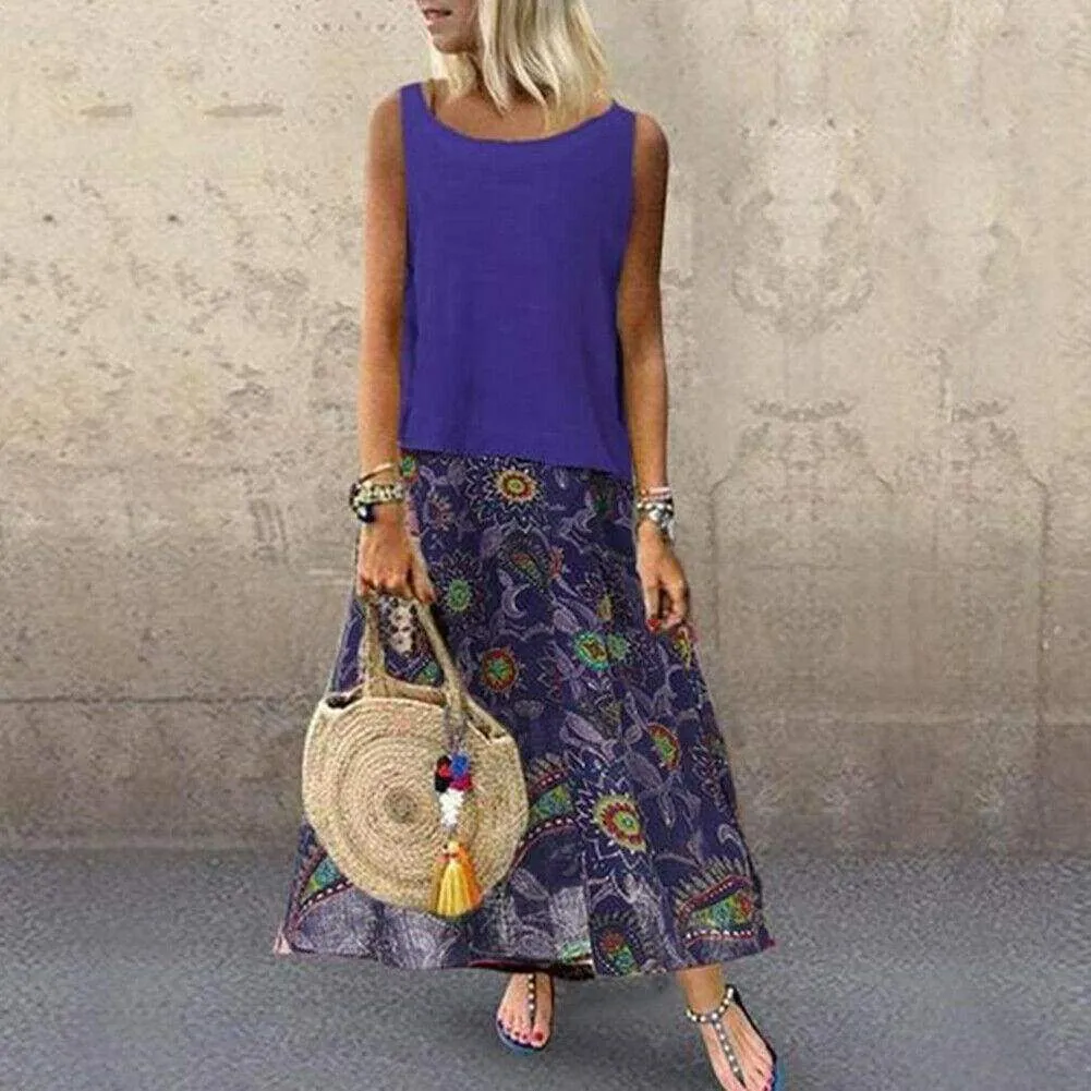 FashionSierra - Plus Size Bohemian Women 2 Pcs Casual Set Summer Sleeveless T-shirt Tee Top   Floral Dress Skirt Beach Holiday Suit