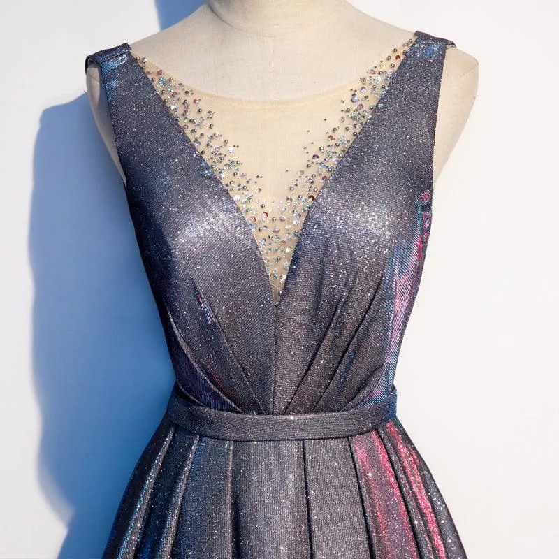 Gray V-Neck Shining Sequined Evening Dress