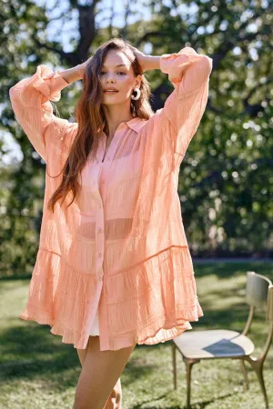 Kyla Tiered Sheer Button Down Peach Tunic