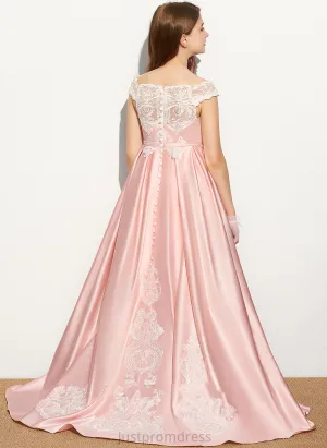 Lace Sweep Satin Shannon Off-the-Shoulder Ball-Gown/Princess Train Junior Bridesmaid Dresses