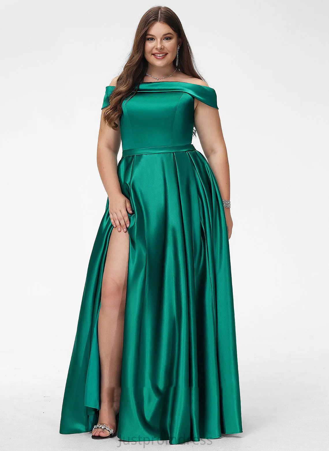 Lilia Split Off-the-Shoulder Floor-Length With Pockets Prom Dresses Ball-Gown/Princess Front Satin