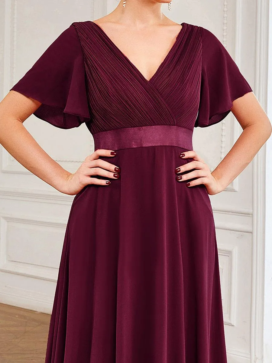 Monica | Long Chiffon Empire Waist Bridesmaid Dress with Short Flutter Sleeves