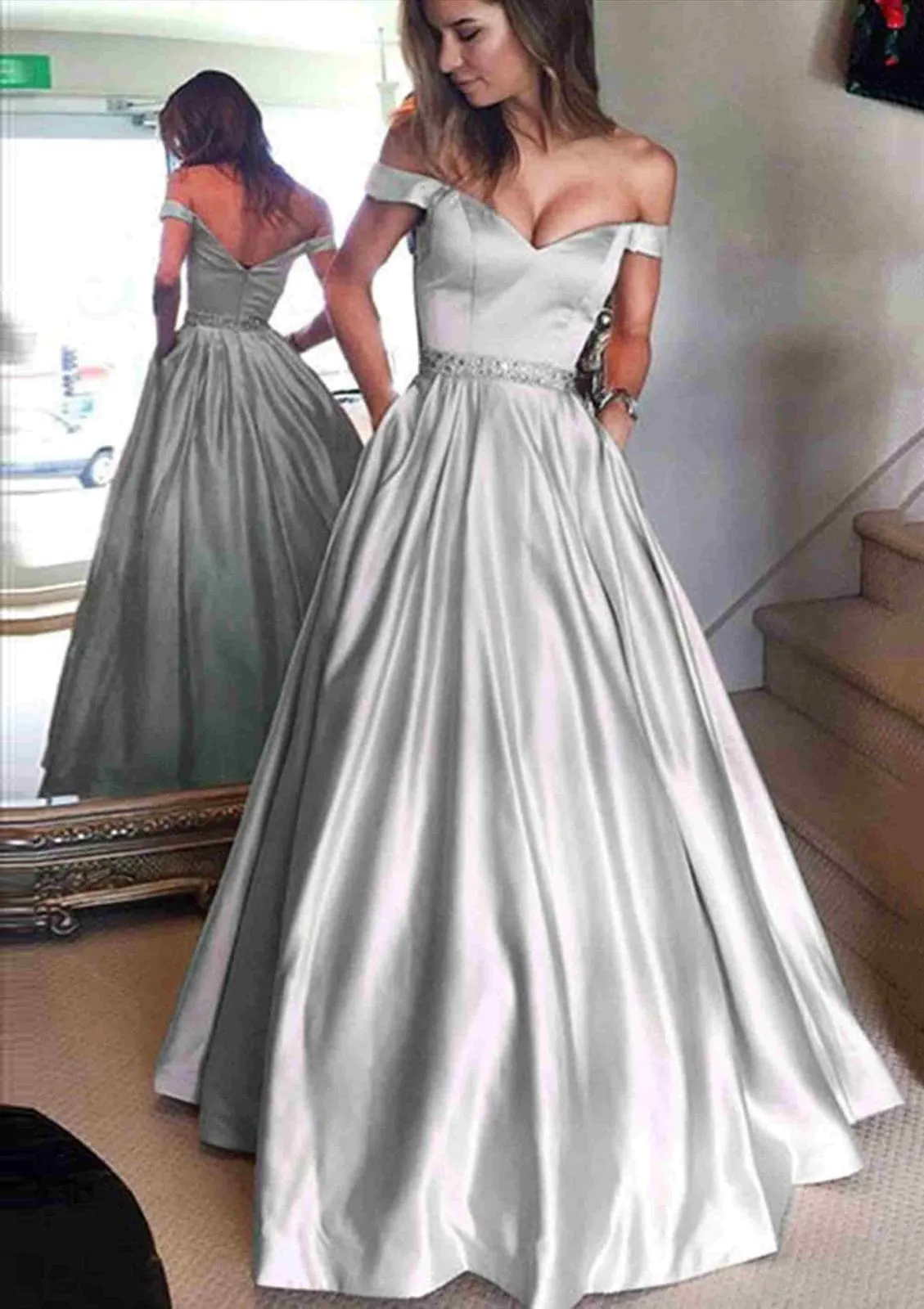 Off Shoulder Long Satin Formal Ball Gown Evening Prom Dress, Beaded