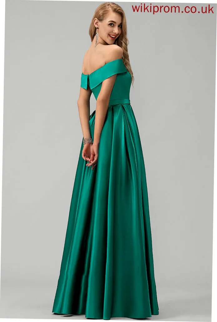 Off-the-Shoulder Pockets Fabric Length Embellishment Floor-Length Satin SplitFront Neckline Straps Justine Natural Waist Bridesmaid Dresses