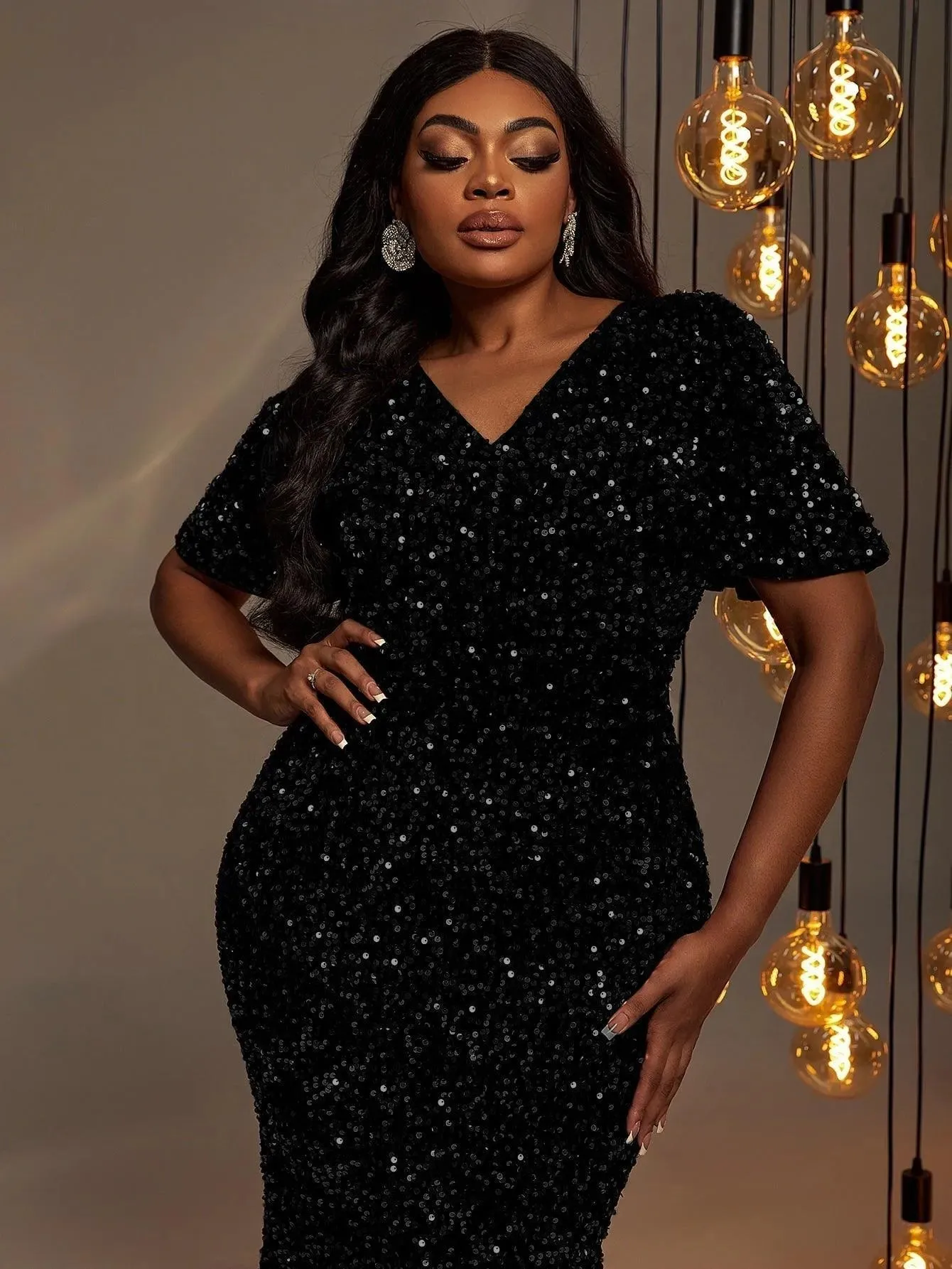 Plus V Neck Short Sleeve Backless Mermaid Dresses