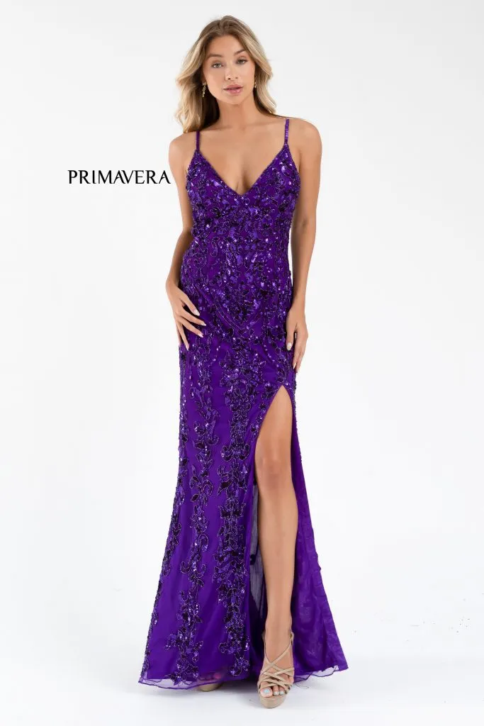 Primavera Couture 3749 Size 0 Ivory Sequined Prom Dress V Neckline Sweeping Train Evening Gown