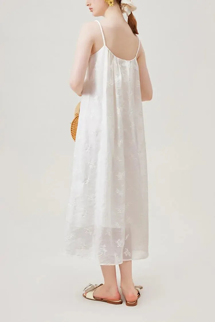 White Flowy Halter Embroidered Dress